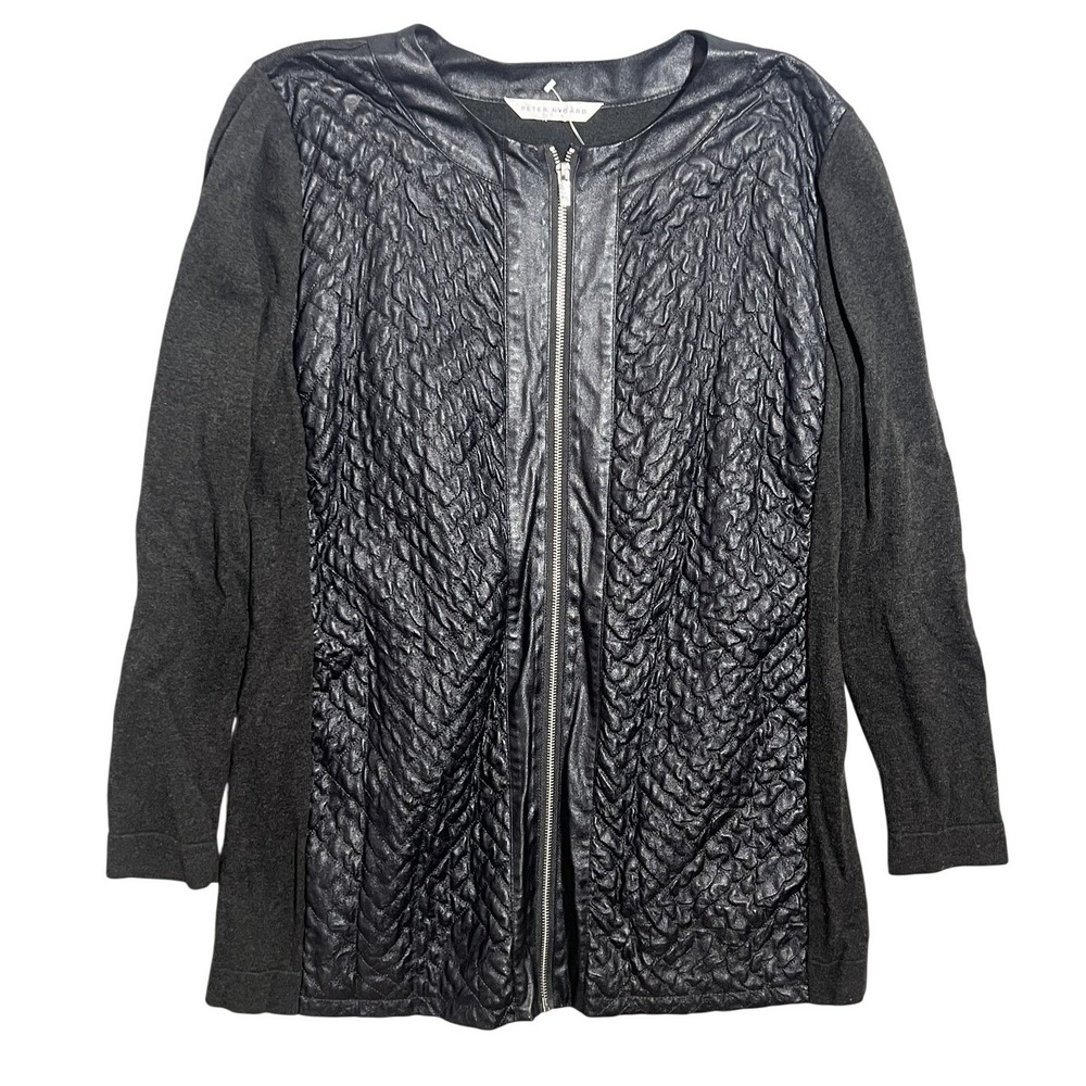 Peter Nygård Women's Black Quilted Faux Leather Knit Full Zip Jacket Cardigan‎